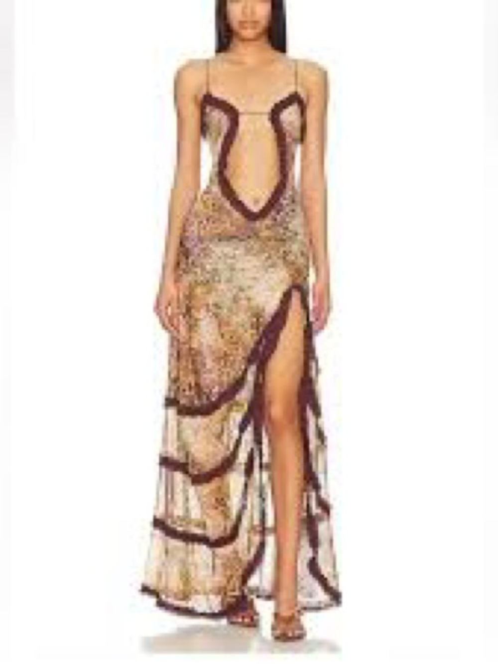 Jaded London Brown Animal-Print Sheer Maxi Dress with Contrast Trim